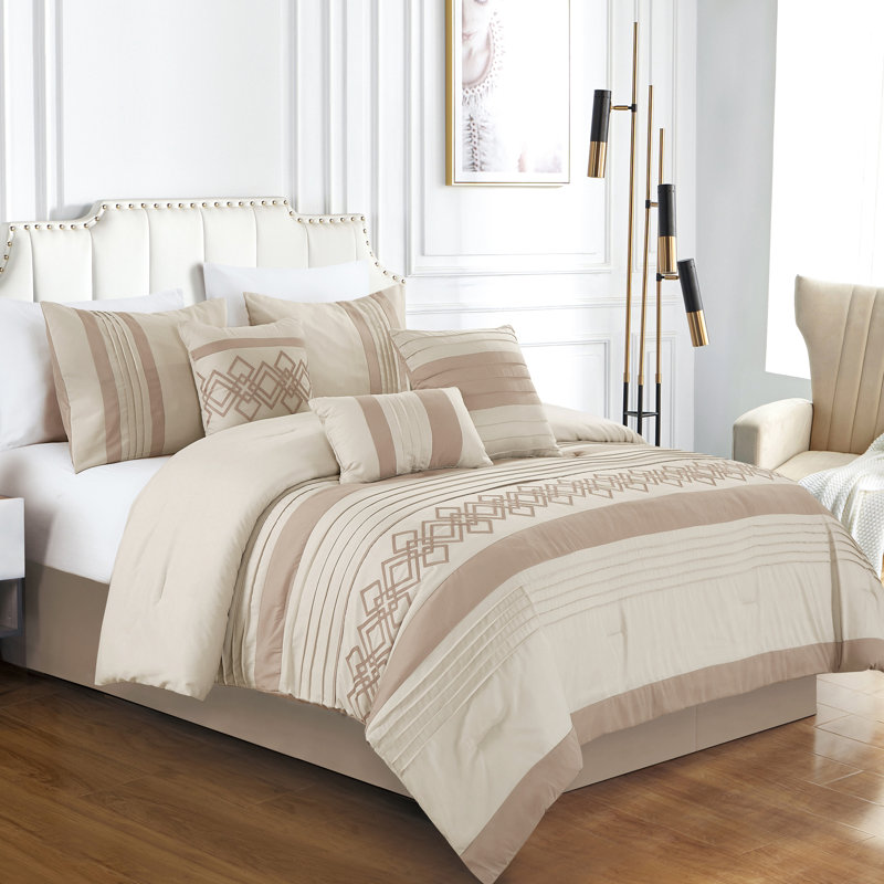 7-Piece Bohemian Embroidery Pleated Stripe Comforter Set , Cal. King Comforter + 6 Additional Pieces, Taupe