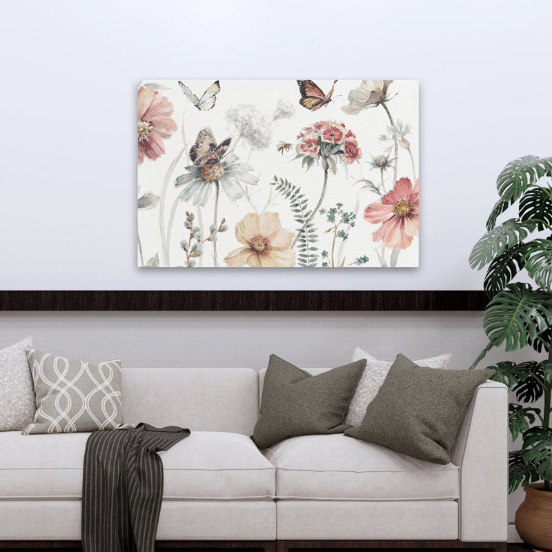 «A Country Weekend I Crop - Bees Butterflies Cosmos Ferns Art», H 32 po x l 48 po