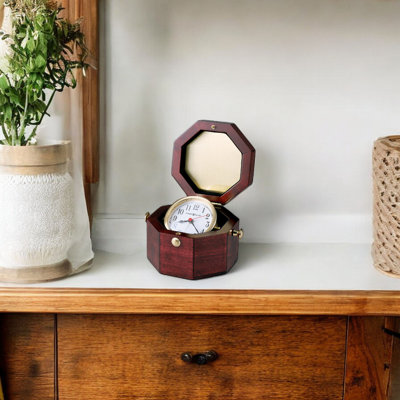 Chronometer Nautical Tabletop Clock, Octagonal Hardwood Chest, Swiveling Gimbals, Quartz Alarm Movement