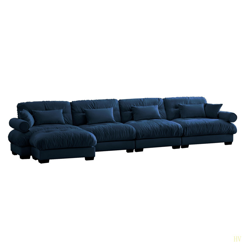 L Shaped Sectional Cloud Sofa , Convertible Deep 4 Seater Modular Couch For Living Room,Modern Velvet Comfy Upholstered Corner Couch  Waist Pillows, Throw Pillows And Blostered Armrests