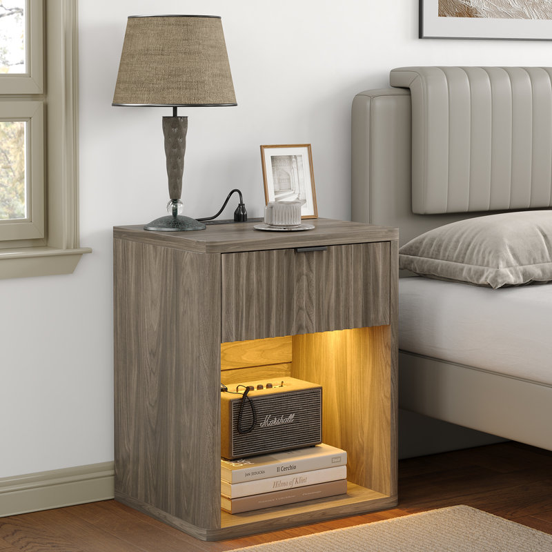 Nightstand With Power Outlet, Bedside Table With Drawer Storage And Lights, 7 Lighting Modes,Wood Wide Bedside Stand Mid Century Night Stands For Bedroom Living Room Office