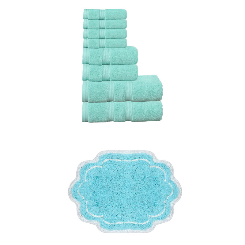 Talbert Collection 100% Soft Cotton Bath Towel Set & 17x24" Bath Rug, 9 Piece Towel Set, Turquoise