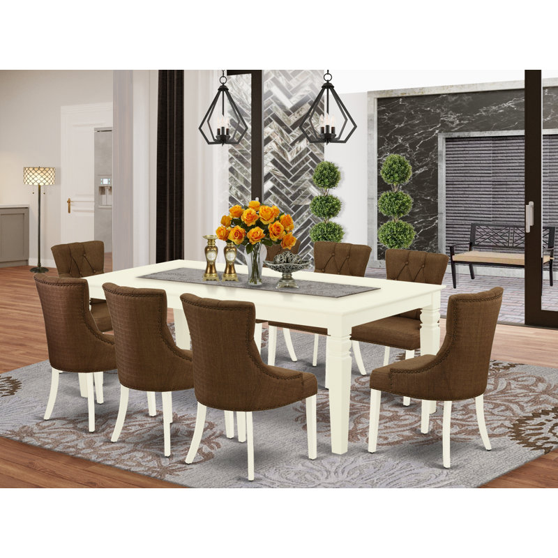 Ensemble de table de salle à manger 9 pièces comprenant une table de cuisine rectangulaire avec rallonge papillon et 8 chaises parsons en tissu brun, lin blanc