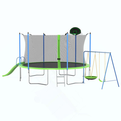 Trampoline with Slide and Swings, ASTM Approved Large Recreational Trampoline with Basketball Hoop and Ladder,Outdoor Backyard Trampoline with Net, Capacity for Kids and Adults