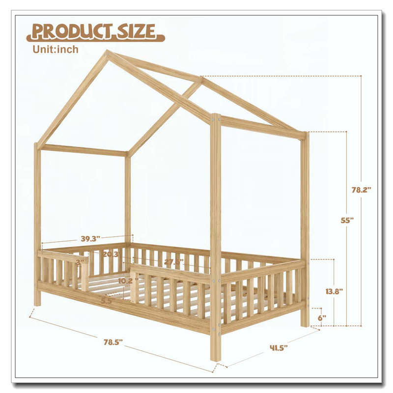 Floor Bed with Canopy, Twin Bed Frame, Natural, Twin