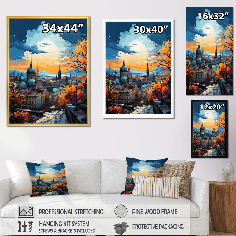 «Yellow Teal City Prague Popart II», reproduction sur toile, H 40 po x l 30 po x P 1,5 po, Cadre flottant blanc