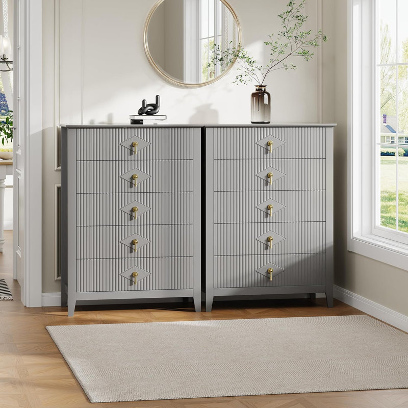 Fluted Dresser for Bedroom 42.9" Tall, 5-Drawer Wood Dresser for Bedroom, Modern Chest of Drawers, Storage Organizer Cabinet for Living Room, Hallway, Entryway
