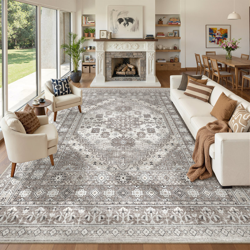 Malaika Machine-Washable Non-Slip Medallion Area Rug, Rectangle 10' x 14', Brown