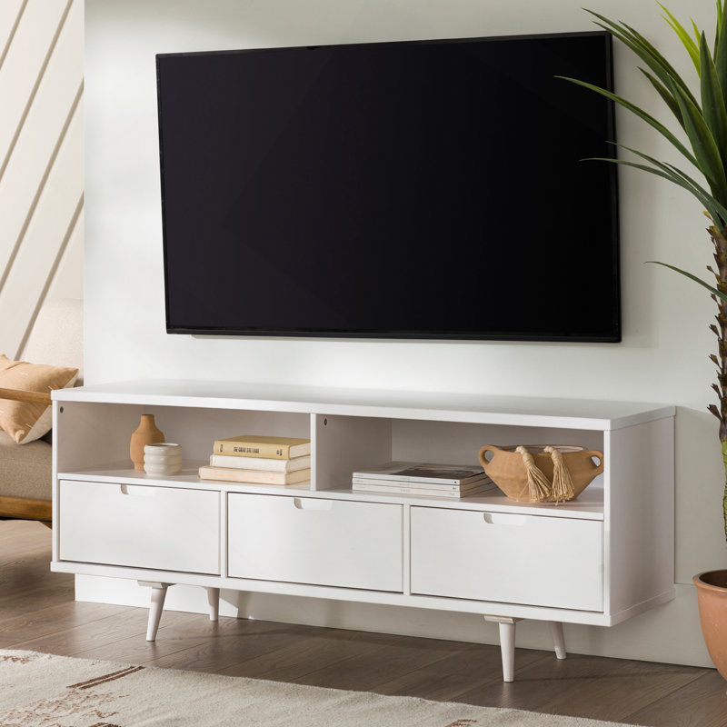 Meuble télé Mid-Century 3 tiroirs en bois pour téléviseur de 65 po ou moins - blanc, Blanc
