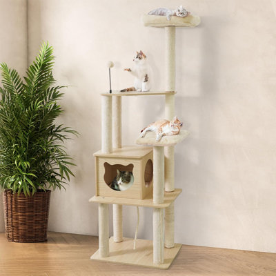 Arbre à chat à plusieurs niveaux de 65 pouces avec grotte pour chat et perchoir supérieur, haute tour à chat en bois pour chats d'intérieur avec poteaux à griffer, coussin amovible, boules interactives, perchoir supérieur