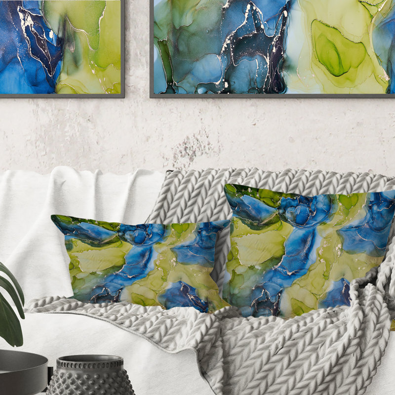«Blue and Green Luxury Abstract Fluid Art», coussin décoratif imprimé moderne, 16 po x 16 po
