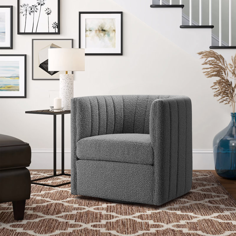 Irasema Upholstered Swivel Barrel Chair, Black Microfiber/Microsuede