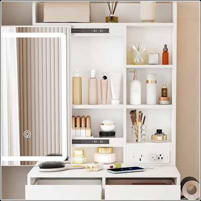 Compact Makeup Vanity Desk with Adjustable LED Lights, Built-in Power Outlets, and Hidden Storage, Includes Padded Stool and Shelf, Ideal for Small Bedrooms