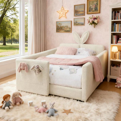 Lit plateforme tapissier avec tête de lit en forme d'oreille de lapin, barrière de sécurité et poche, tissu bouclé doux