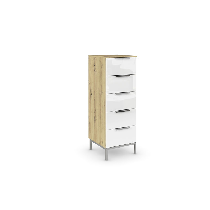 Flipp 5 - Drawer Chest of Drawers, Artisan Oak/White Glass/Chrome