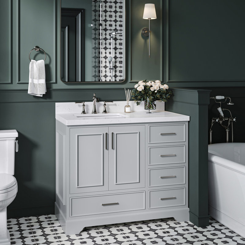 Ensemble de meuble-lavabo simple 42,25 po avec plateau en quartz Abshire, Left, Forme rectangulaire, Gris