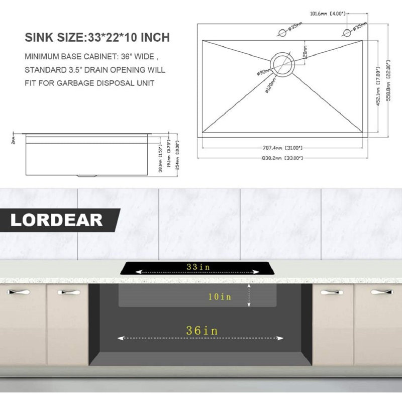 Workstation Farmhouse Right Angle Drop-In Kitchen Sink With Accessories, 33" L x 22" W