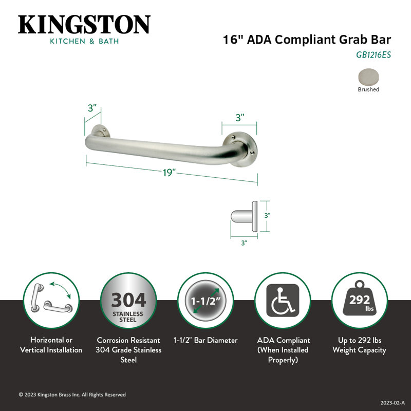 Kingston Brass Made To Match 1-1/2 Inch O.D Grab Bar, 16" W