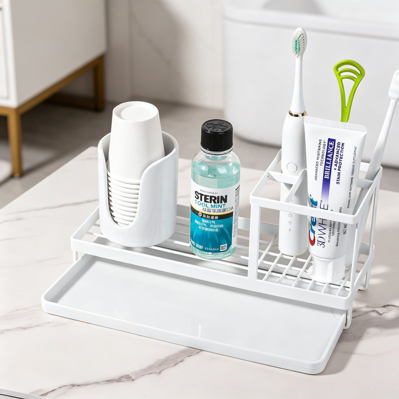 Organisateur de porte-brosse à dents de salle de bain avec plateau d'égouttement amovible, conception à plusieurs compartiments pour brosses à dents électriques, dentifrice et articles essentiels de salle de bain, fabrication en acier au carbone résistant à la rouille