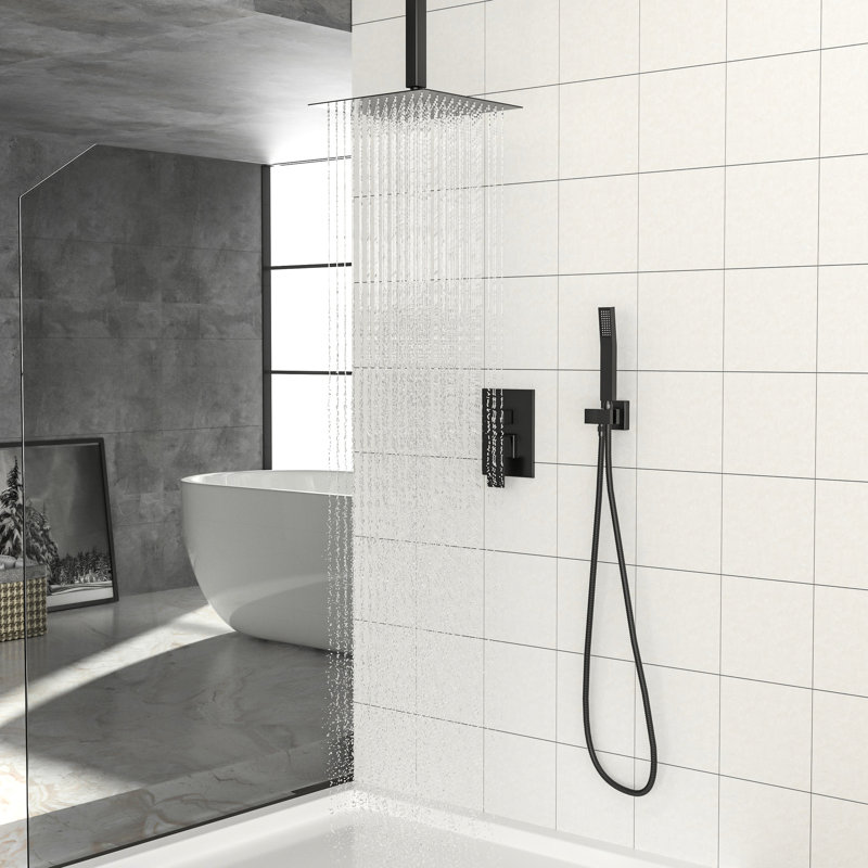 Matte Black 10 Inch Square Ceiling Mount Dual Shower Head System With - Scald Feature, Rainfall Spray Pattern, And Handheld For Comfort Easy Installation, Included