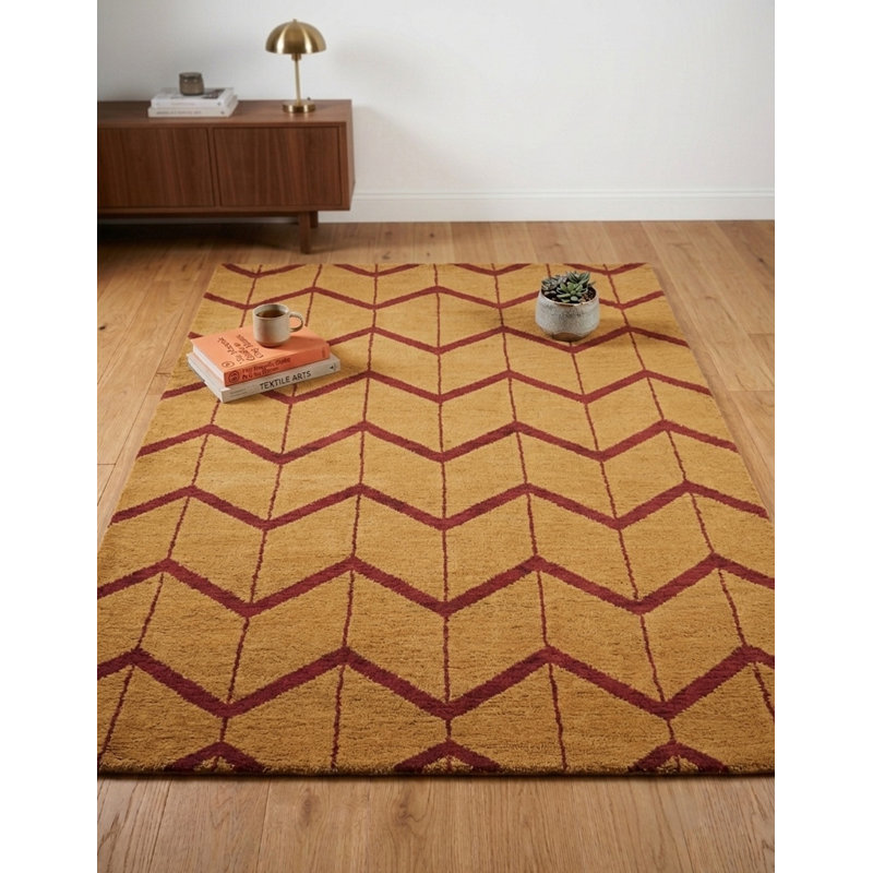 Or | Tapis d'intérieur rouge en laine noué à la main à motif géométrique rouge, Rectangle 9 pi x 12 pi
