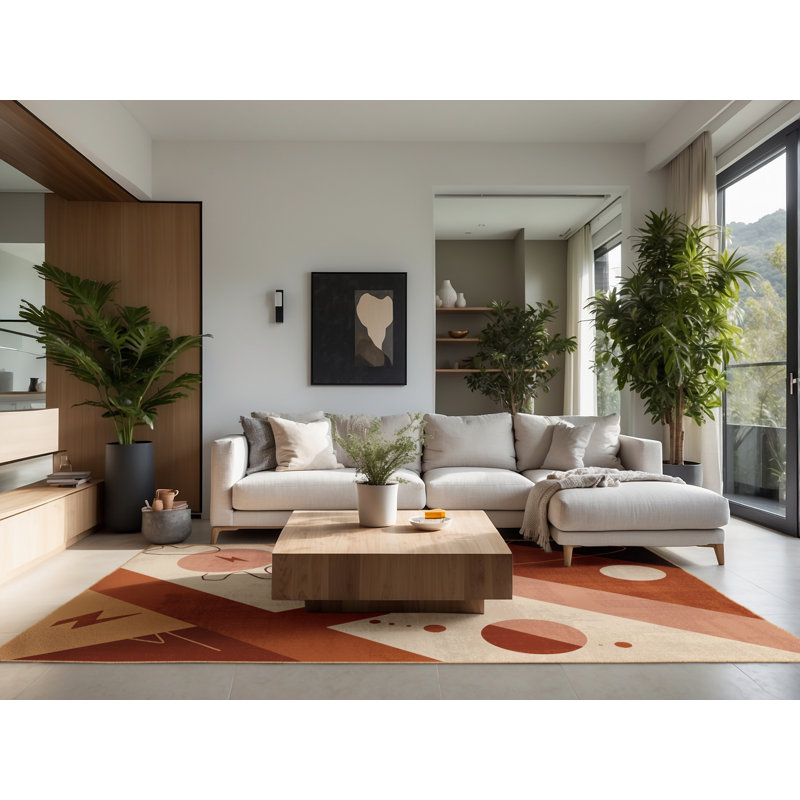 Tapis moelleux à motif géométrique rétro moelleux en brun - reliure brun clair, Carré 7 pi