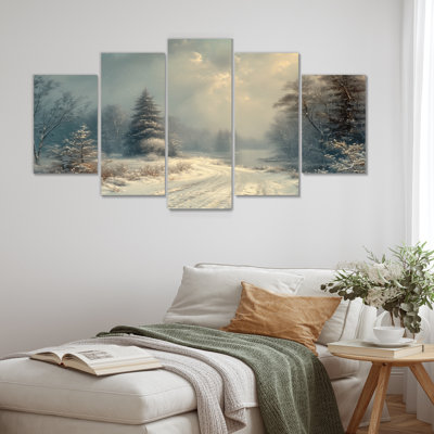 White Grey Winter Road Into Forest III - Winter Landscape Wall Decor Set