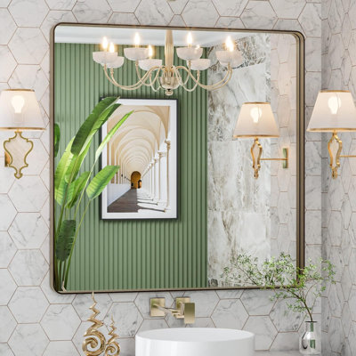 Miroir de salle de bain 36 po x 36 po pour meuble-lavabo en bronze, miroir rond en métal brossé à finition bronze brossé, antirouille, verre trempé, à suspendre horizontalement ou verticalement