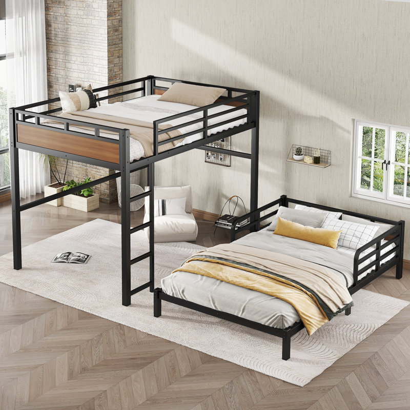 Full over Full Metal Bunk Bed with Safety Guardrails – Loft & Platform Bed, Walnut-Colored, Walnut, Full Over Full