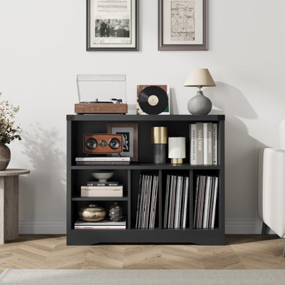 Support pour tourne-disque, rangement en vinyle Farmhouse avec 6 cubes et tablette de présentation, organisateur de table tournante en bois pour le salon (noir)
