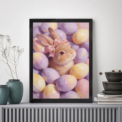 Premium Solid Wood Black Framed Prints Bunny Among Eggs Ready to Hang Home Decor High Definition Print On Canvas
