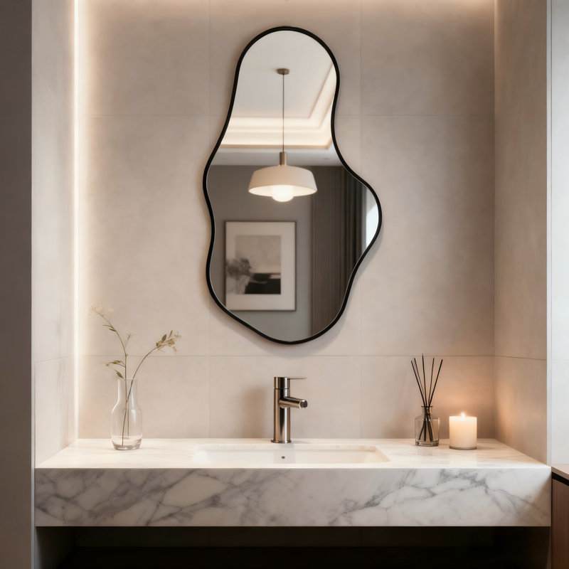 Modern Irregular-shaped Mirror With Black Frame, Shatterproof Hd Glass, Reversible Hanging Design, Black, 43" x 25"
