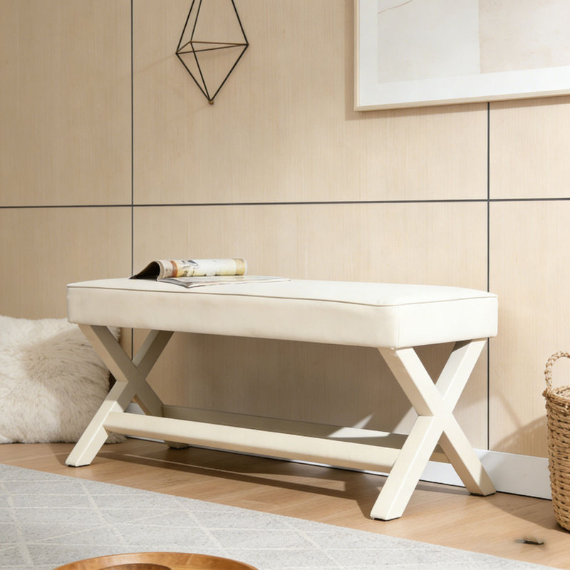 Bench Upholstered in Velvet Fabric, Beige