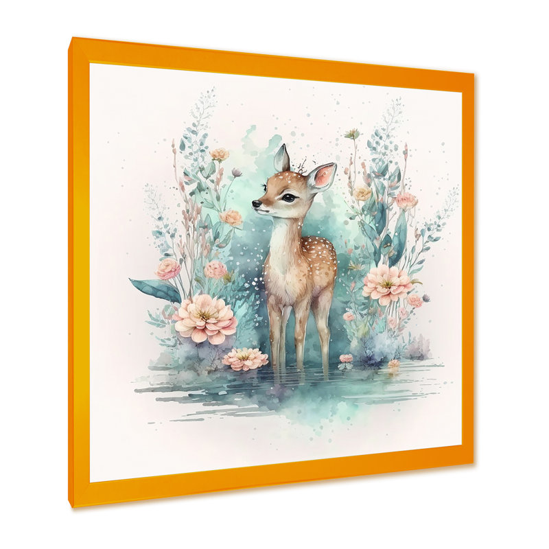 Mignon petit cerf avec fleurs roses - reproduction sur toile, L 36 po x H 36 po, Impression dorée sur toile encadrée