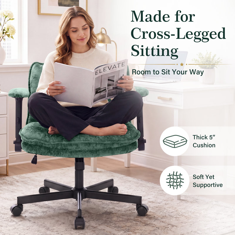 26" Wide Chenille  Criss Cross Office Chair with Wheels, Cross-Legged Desk Chair with Flip-Up Height Adjustable Arms, Lumbar Support, Swivel Vanity Chair for Home Office, Bedroom, Study, 350 lbs