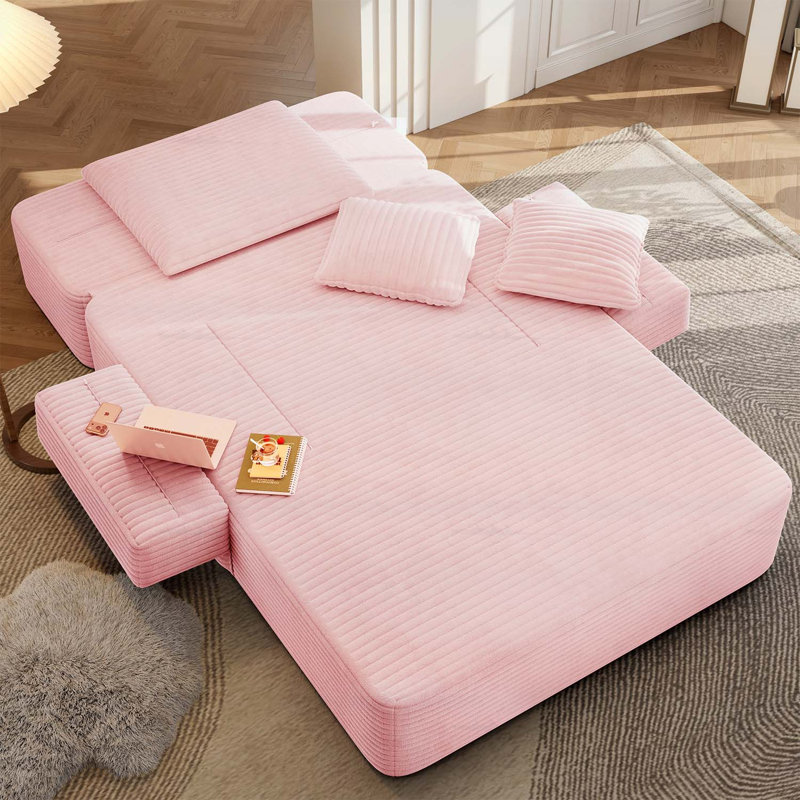 Méridienne avec 3 coussins, canapé-lit convertible avec poche de rangement, Rose pastel