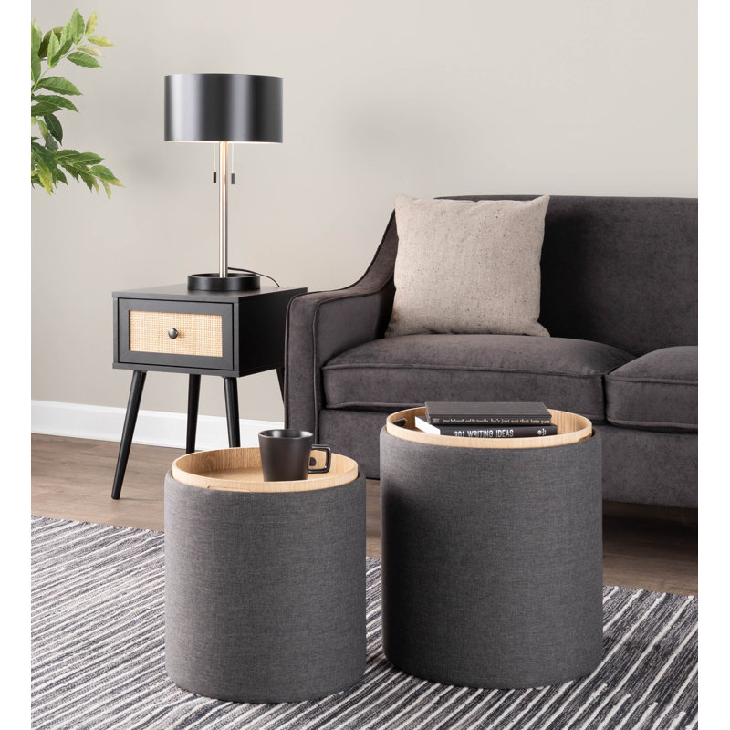 Alvena 15.5" Wide Round Storage Ottoman with Tray Tops, Charcoal