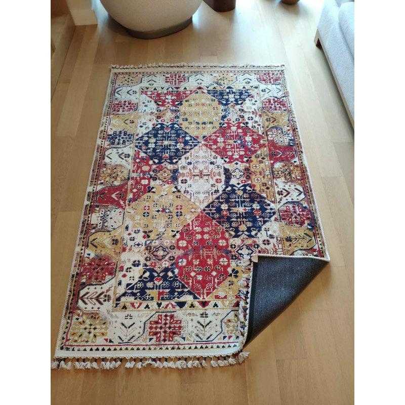 Coton imprimé marocain rouge Toscana; Tapis chenille antidérapant, Rectangle 2 pi 7 po x 3 pi 3 po