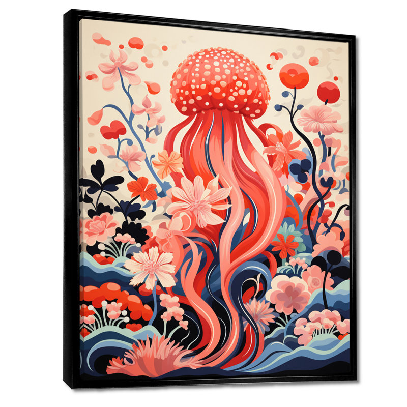 Rétro pieuvre rose rétro mer profonde - pieuvre / calmar animal, art mural, Toile flottante noire encadrée, H 20 po x l 12 po