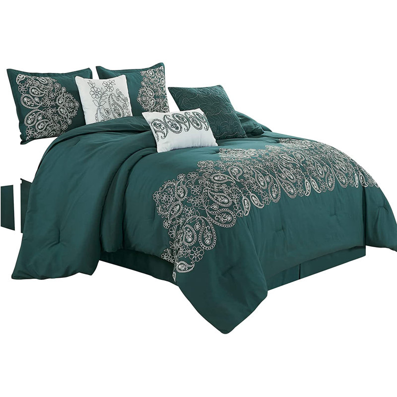 7 Piece Paisley Embroidered  Comforter Set, Queen Comforter + 2 Standard Shams, Teal