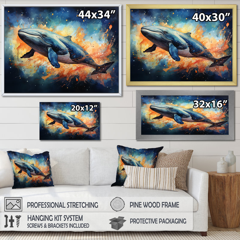 Baleine bleue majestueuse à l'aquarelle - baleine, art mural, Cadre flottant blanc, H 12 po x l 20 po x P 1 po