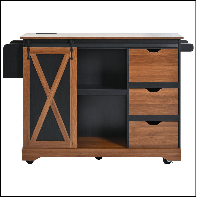55.5 Inch Farmhouse Kitchen Island with Drop Leaf, Barn Door, Power Outlet, and Rolling Wheels for Versatile Storage and Convenience