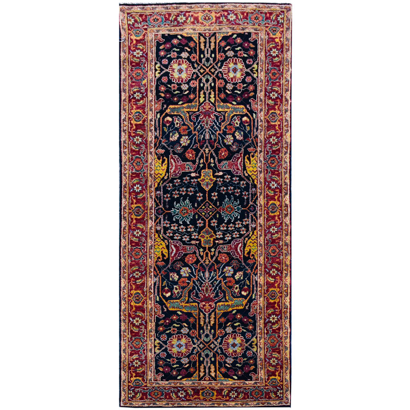 Rouge et bleu noués à la main de haute qualité, Tapis de couloir 2 pi x 4 pi