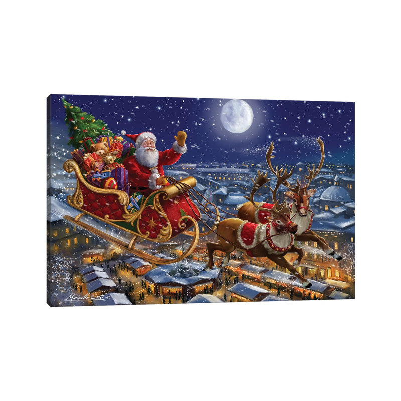 Père Noël traîneau et renne dans le ciel - impression sur toile tendue, H 12 po x l 18 po x 1,5 po