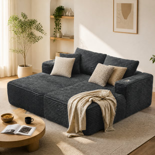 Modern Rectangular Modular Sofa, Deep Seat, Corduroy Upholstery