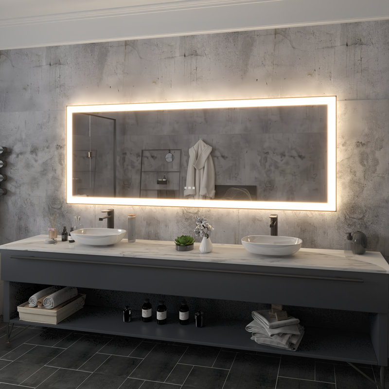 Miroir de salle de bain mural à DEL antibuée avec cadre rectangulaire noir avec fonctions de rétroéclairage et d'éclairage avant