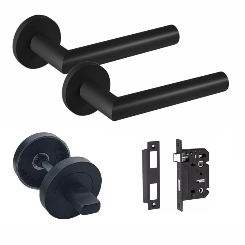 Mitred Design Bathroom WC Toilet Door Handles Set on Round Rose Matt Black Finish with 64mm Bathroom Mortise Lock and Thumbturn