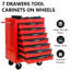 Coffre à outils rouge et noir de 20 po avec 7 tiroirs, glissière à roulement pour action en douceur, 4 roulettes verrouillables, espace de rangement à clé 20 po, coffre, glissière, espace-1981205587