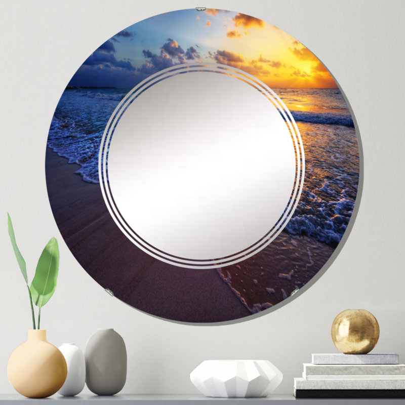 Coucher de soleil sur un rivage océanique I - Miroir mural nautique et côtier rond, 24 po x 24 po