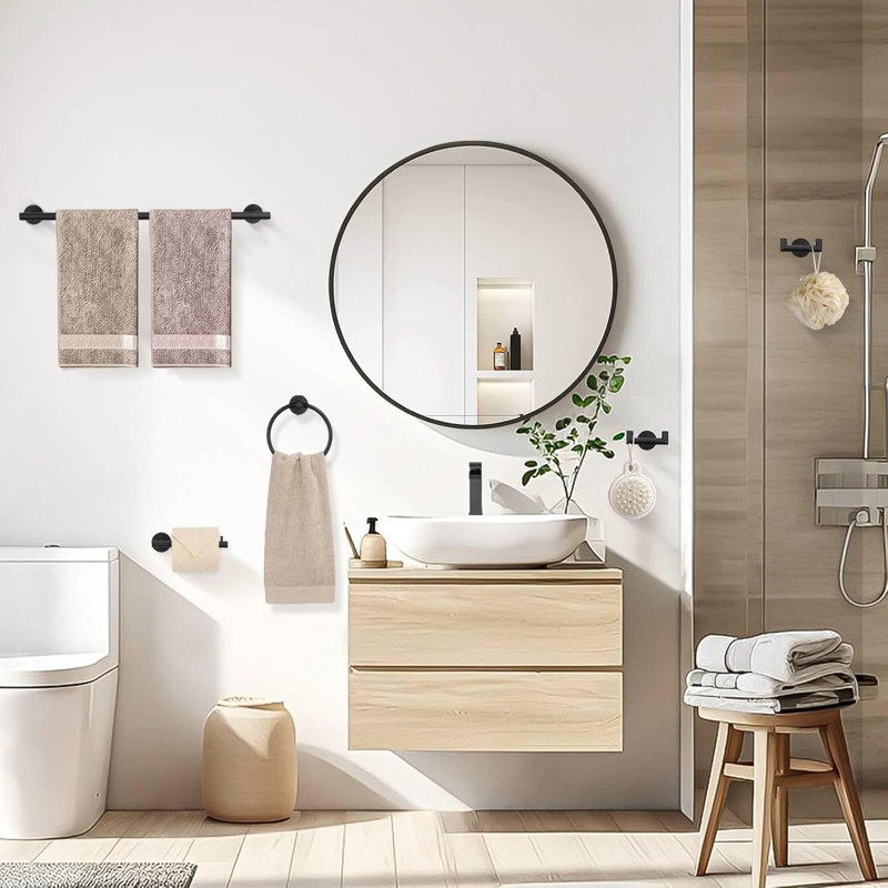 5-Piece Bathroom Hardware Set - Stainless Steel Towel Bar, Toilet Paper Holder, Towel Ring & Hooks - Wall Mounted Durable Bath Accessories